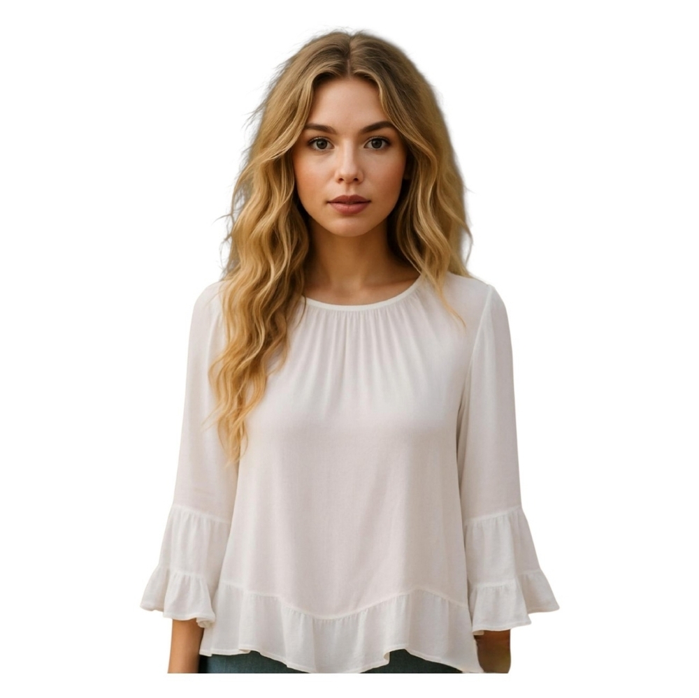 Sussan White Viscose Peasant Bell Sleeve Romantic Boho Blouse Long Sleeve Size 8